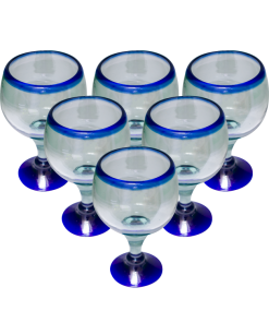Juego de (6) Copas Cocteleras de Vidrio Soplado tipo Chabela con Posta Azul