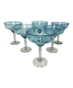 Juego de 6 Copas estilo Margarita Color Turquesa de Vidrio Soplado